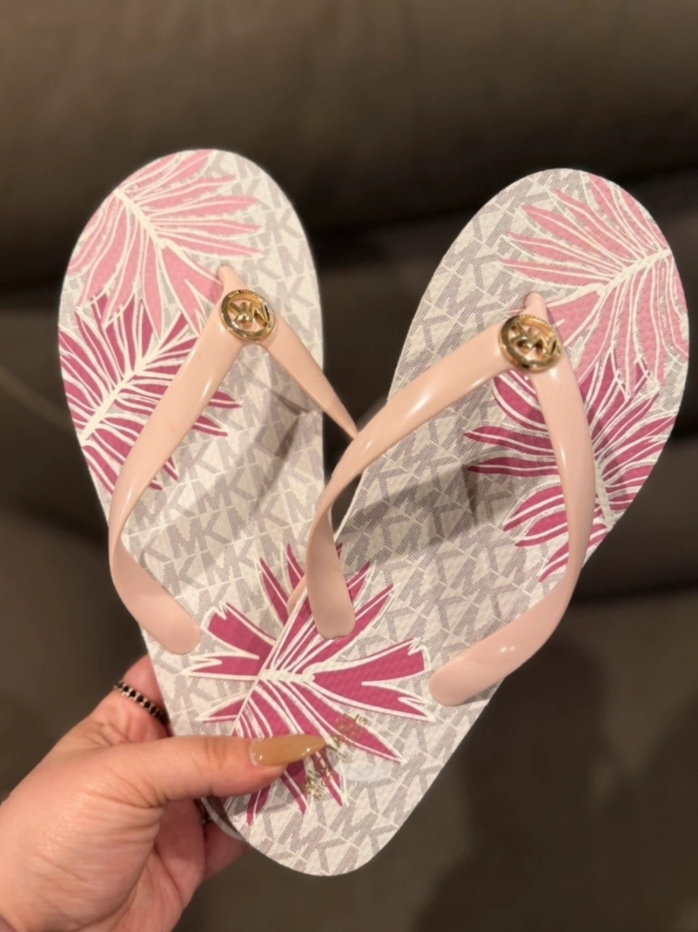 Michael Kors Pink Palm-Print Logo Flip Flops